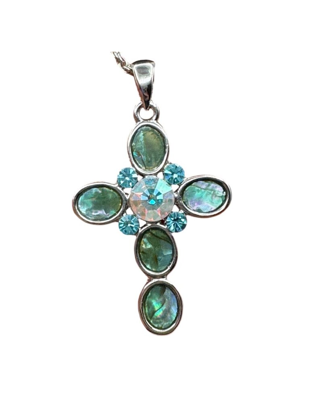 Cookie Lee Abalone Cross Necklace Rhinestone Center Silver Tone 18" Beachy Boho